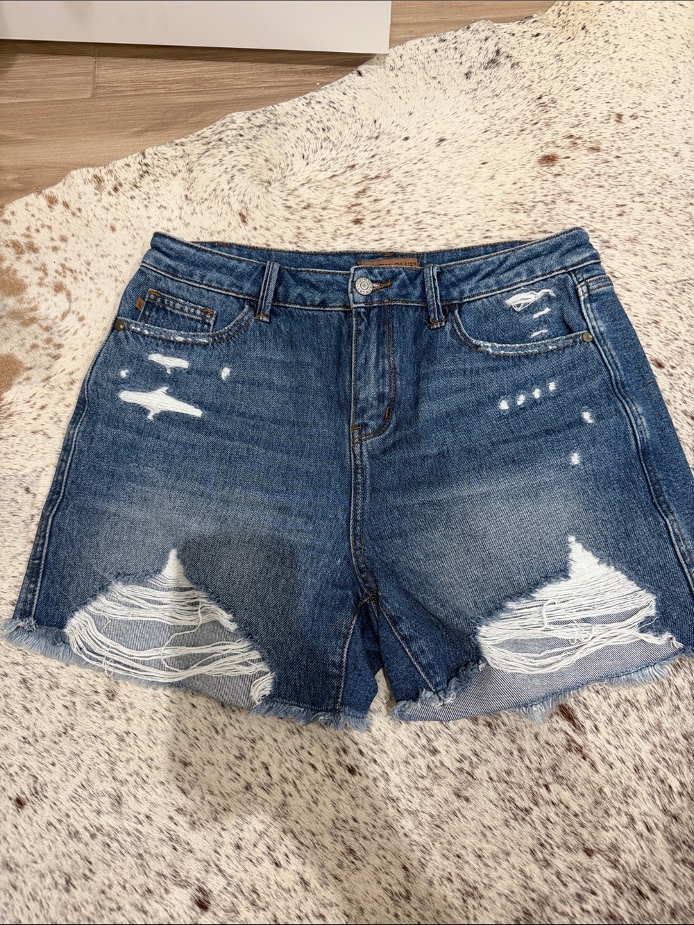 Judy Blue Distressed Mid-High Rise Denim Shorts - Dark Blue